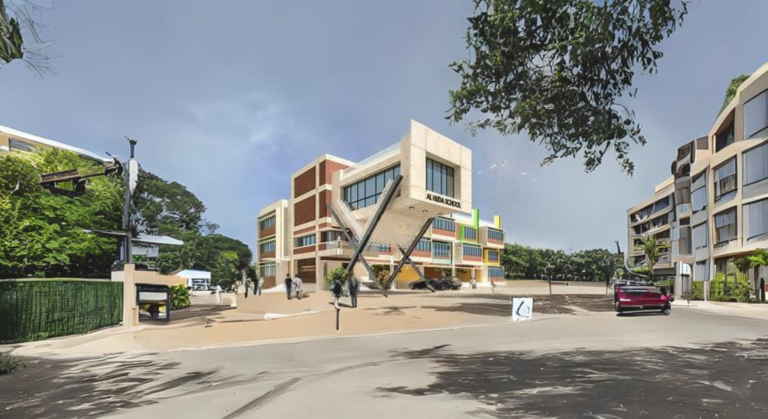 School with abundant parking space